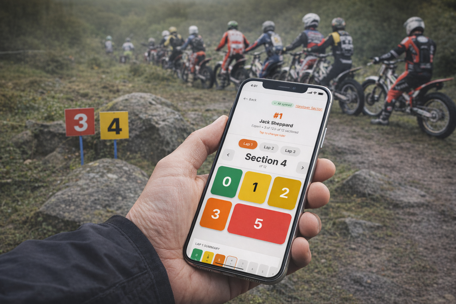Trials Scorecard mobile scoring screen being used trackside at a UK observed trials section