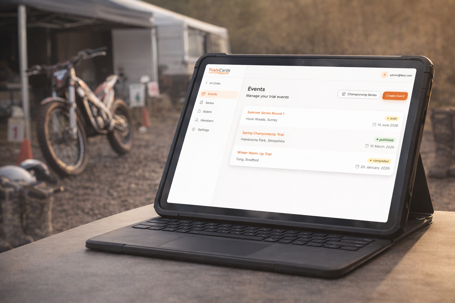 Trials Scorecard dashboard showing event management with draft, scoring, and completed events