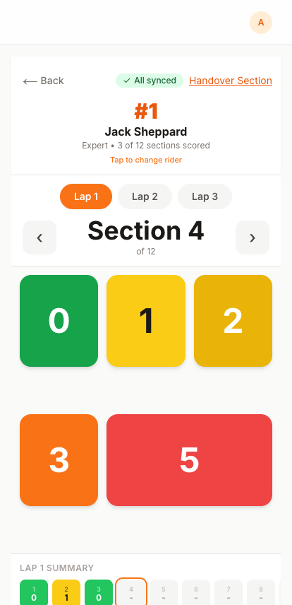 Mobile scoring interface showing large tap targets for scores 0, 1, 2, 3, and 5